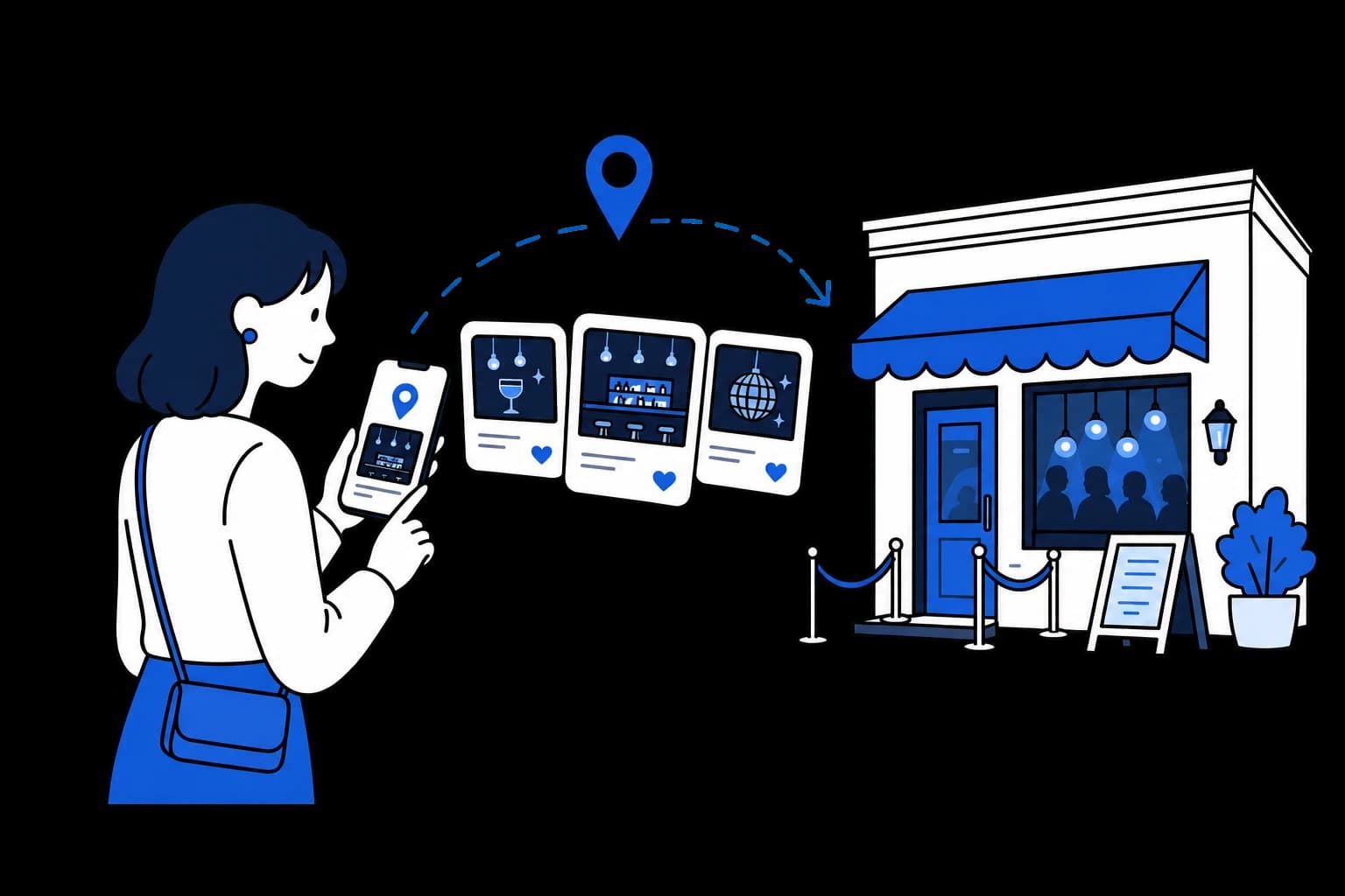 女性がスマートフォンで近くの男性向け接客店舗を見つけるイラスト
